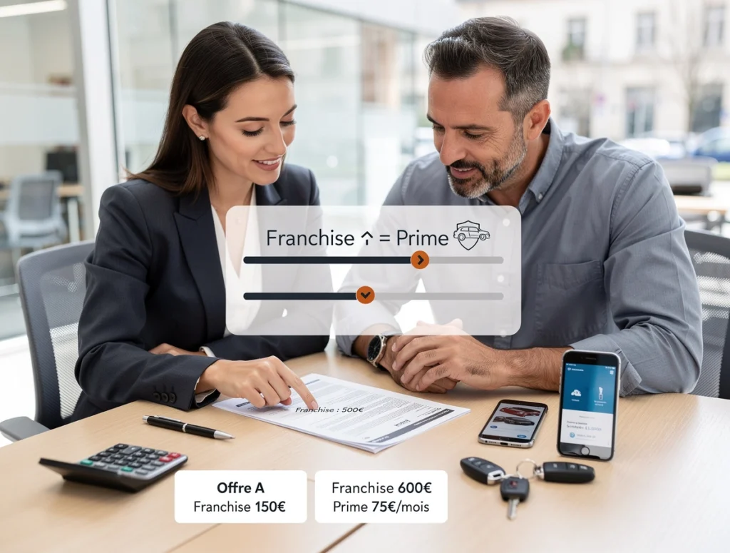 un homme et une femme travaillant dans le domaine des assurances discute de la franchise de l'assurance auto de monsieur